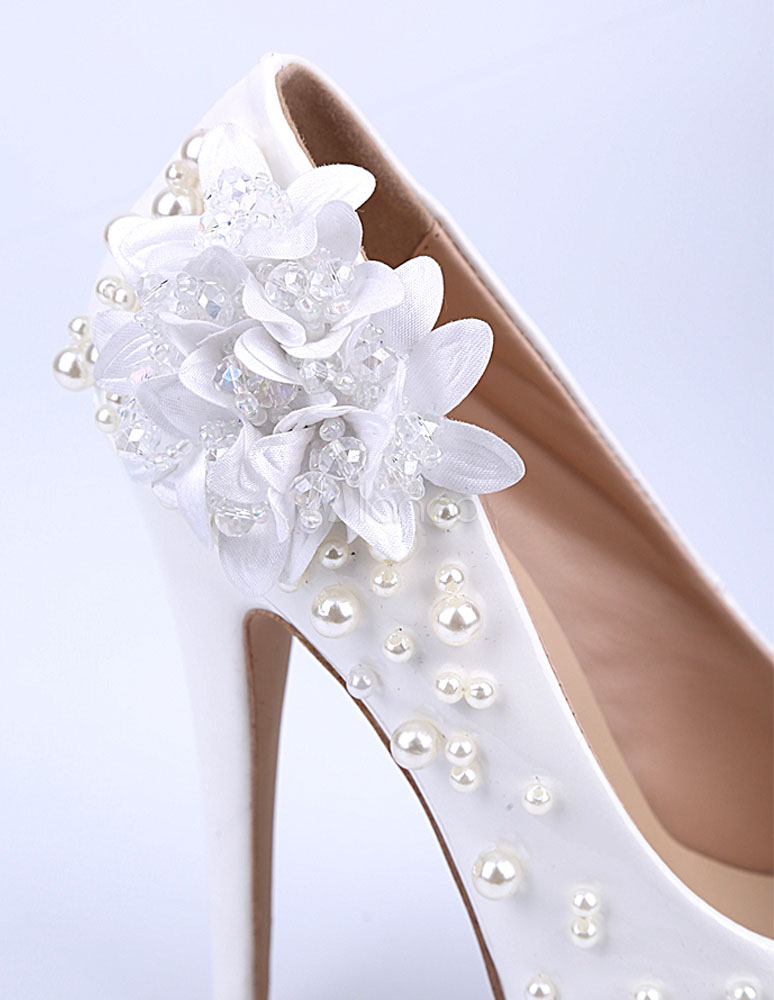 white bridal shoes with pearls
