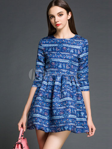 Blue Printed Cotton Blend Flare Dress for Women - Milanoo.com