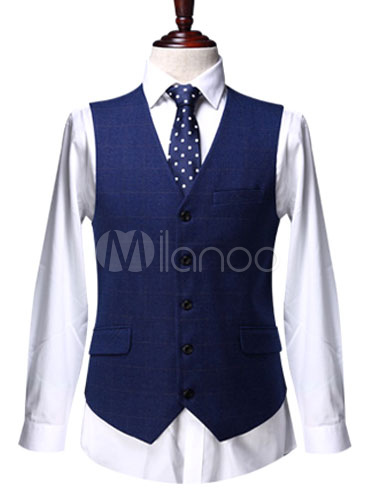 Royal Blue Plaid Wool Blend Double Breasted Four-Button Three Piece ...