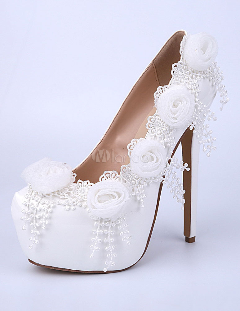 blanco flores cuero plataformas tacones altos zapatos de noche y de