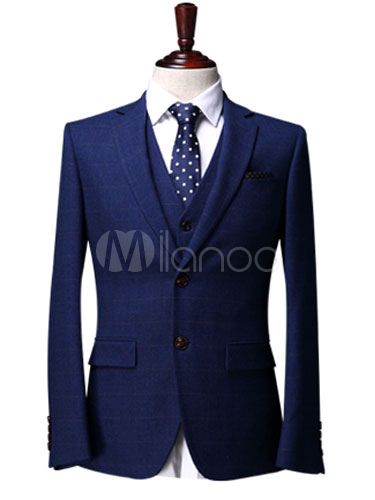 Royal Blue Plaid Wool Blend Double Breasted Four-Button Three Piece ...