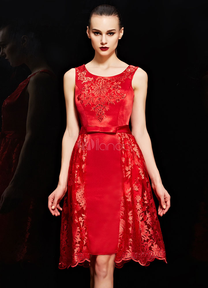 Red Rhinestone Embroidery Satin Lace Cocktail Dress - Milanoo.com