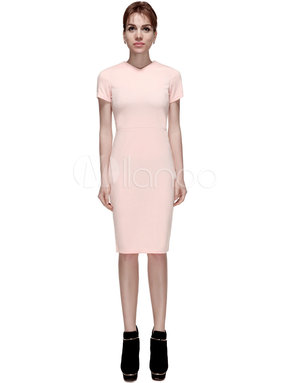 Vestido de poliéster Bodycon zíper rosa para mulher