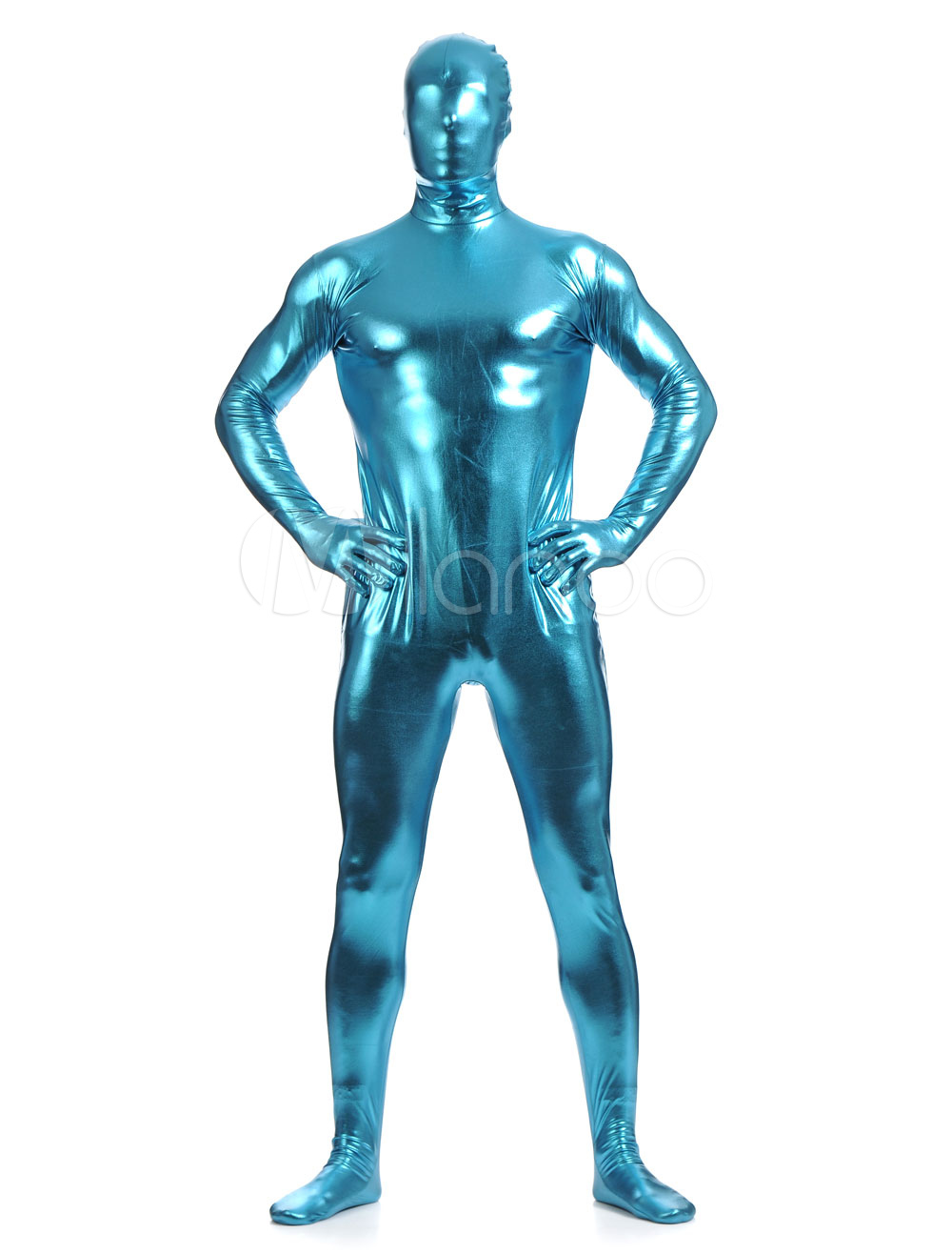 Water Blue Zentai Suit Adults Full Body Shiny Metallic Bodysuit for Men ...