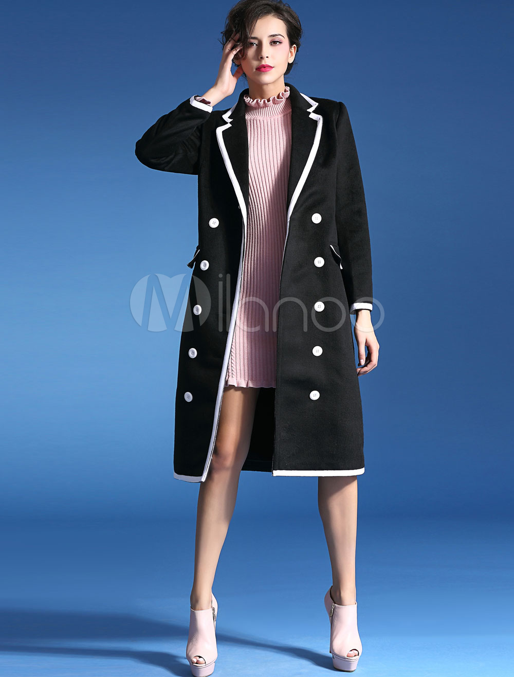 Black DoubleBreasted Polyester Coat for Women