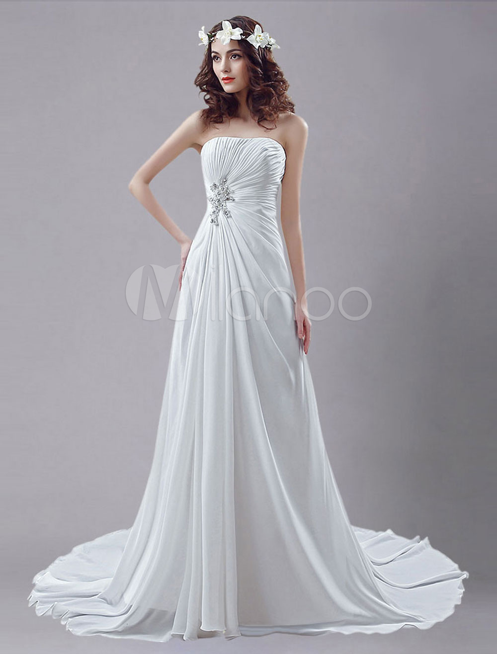 White Wedding Dress Strapless Rhinestone Pleated Wedding Gown - Milanoo.com