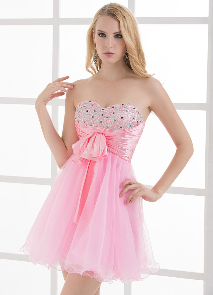 Pink Strapless Bows Rhinestone A-Line Tulle Bridesmaid Dress - Milanoo.com