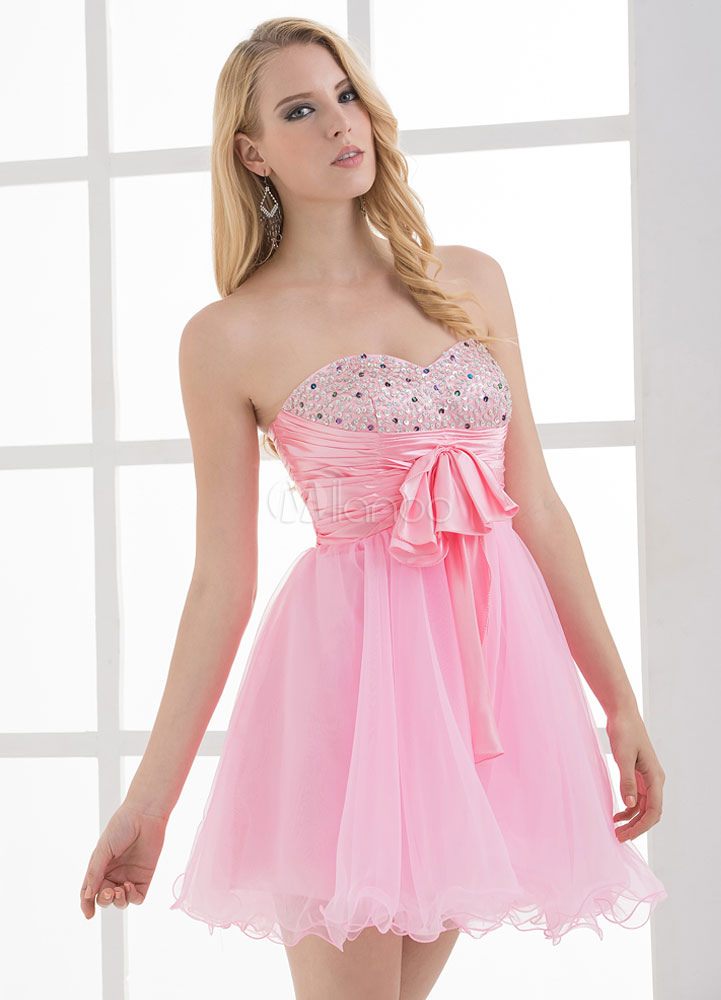 Pink Strapless Bows Rhinestone A-Line Tulle Bridesmaid Dress - Milanoo.com