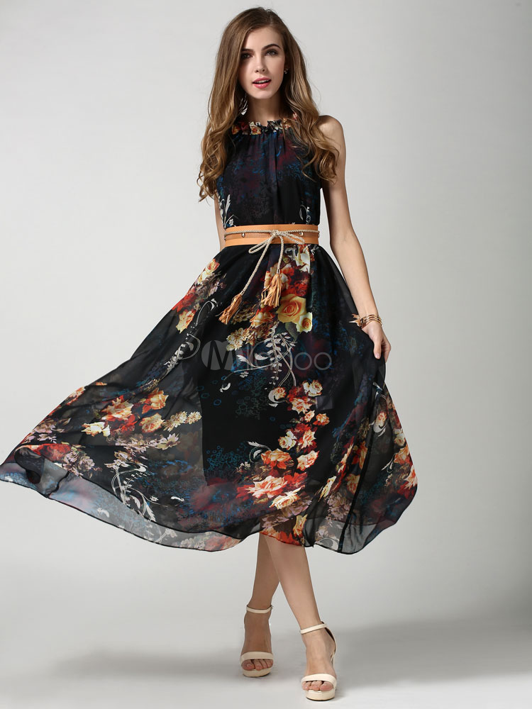 Black Print Sash Pleated Chiffon Summer Dress for Women - Milanoo.com