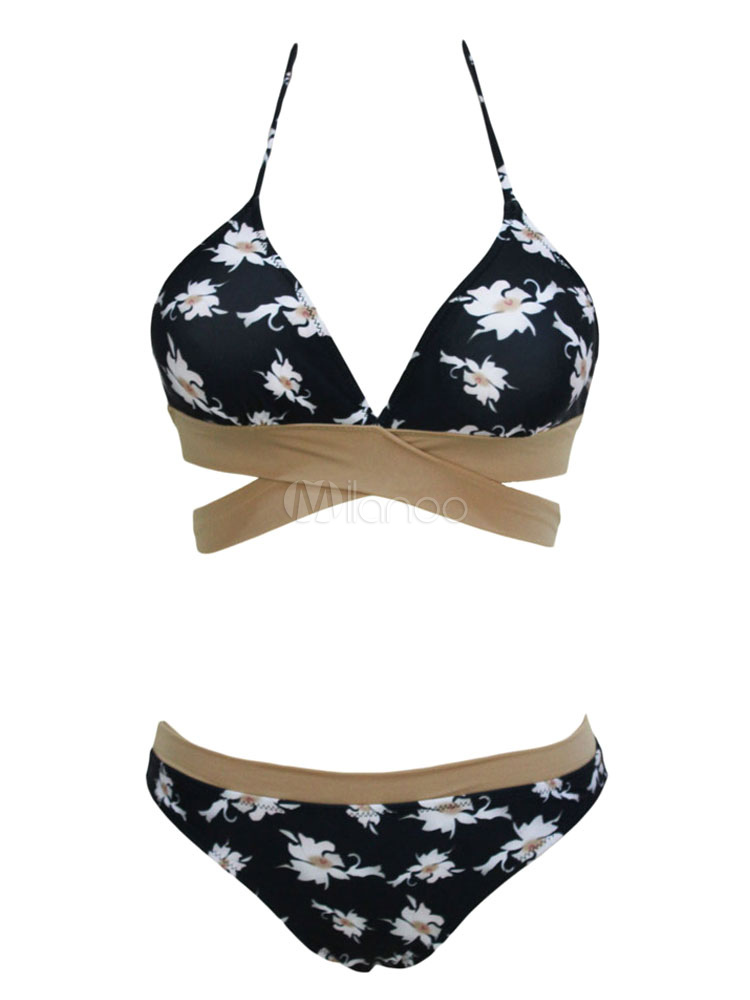 Multicolor Print Lace Up Spandex Bikini Swimsuit for Women