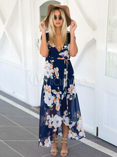 Floral Tea Dress Embossed Chiffon Summer Dress for Women - Milanoo.com