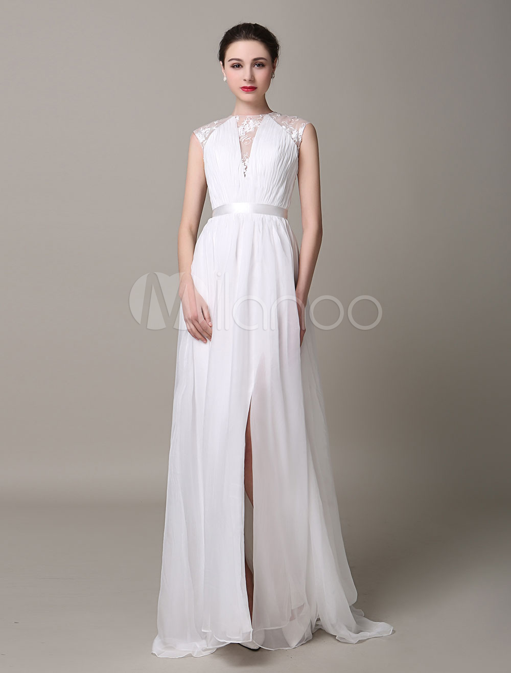 Ivory Wedding Dress Deep V Cut Out Split Sash Lace Wedding Gown