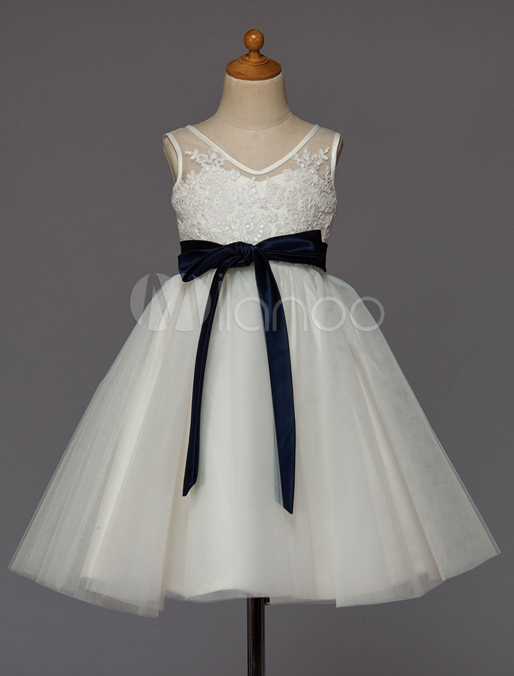 Ivory Flower Girl Dress Lace Tulle Tutu Dress Ribbon Bow Sash Short