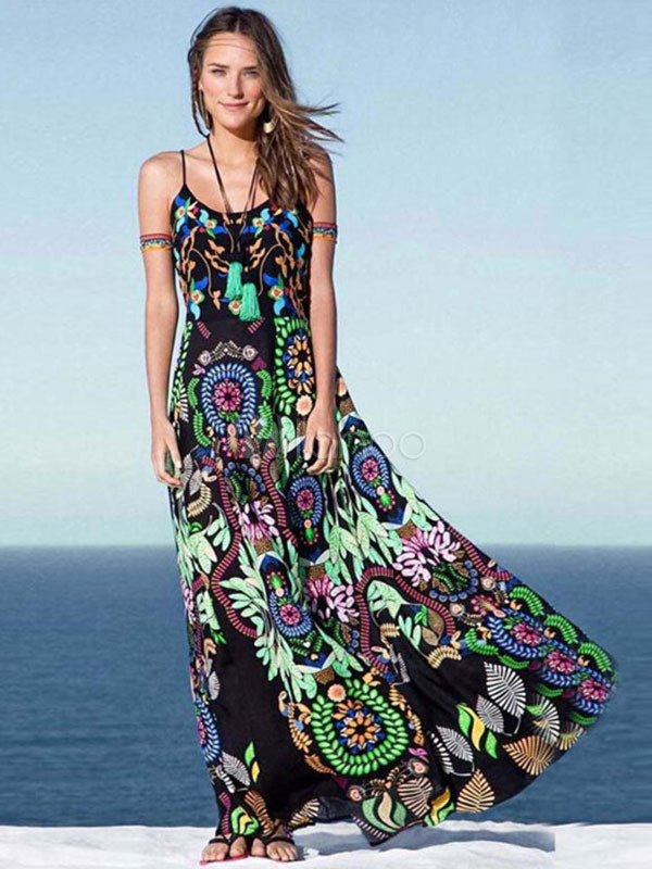 Women's Dress Straps Printed Sleeveless Gypsy Style Maxi Dress ...
