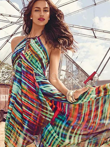 Multicolor Maxi Dress With Backless Stripes Print Chiffon for Women ...