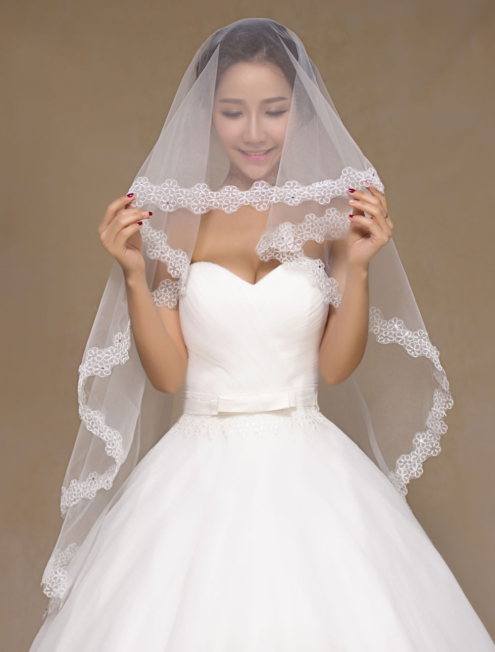 Ivory Semi-Sheer Lace Tulle Bridal Veil - Milanoo.com