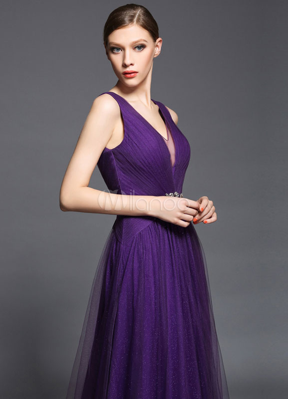 Deep Purple Sash Prom Dress Rhinestone Satin Tulle Dress - Milanoo.com