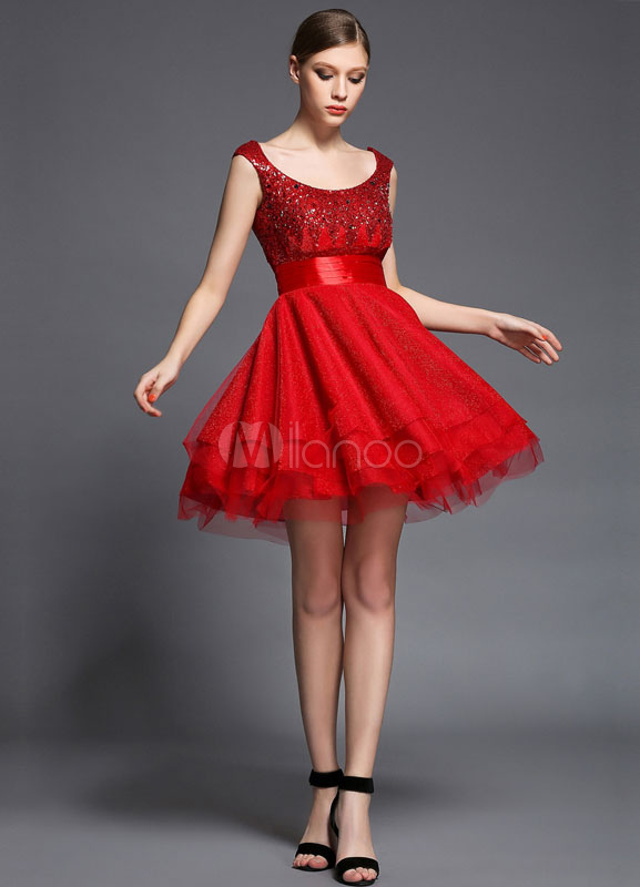 Red Satin Cocktail Dress Sequins Tulle Layered Dress - Milanoo.com