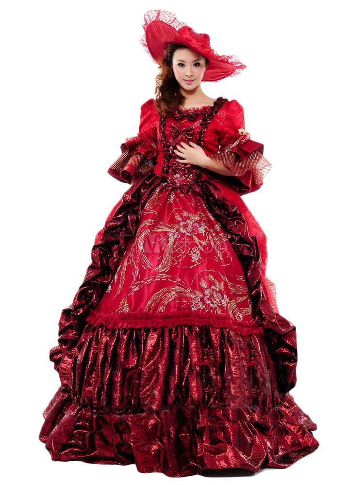 Costumes Costumes | Victorian Burgundy Print Royal Court Bow Synthetic Costumes For Women - RR99220