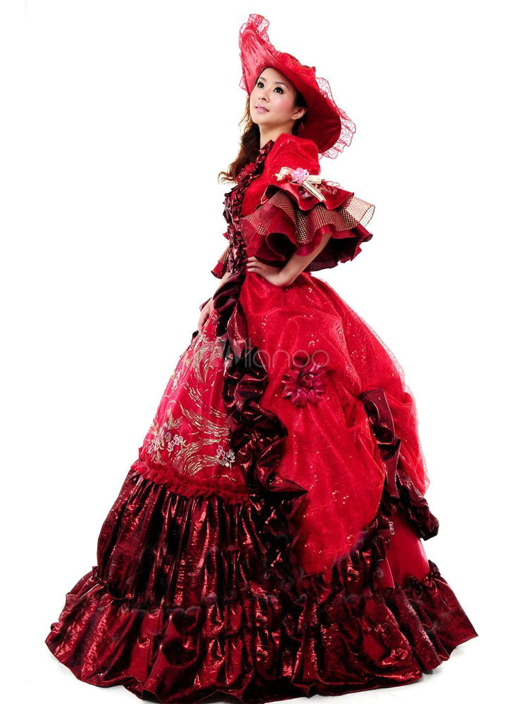 Costumes Costumes | Victorian Burgundy Print Royal Court Bow Synthetic Costumes For Women - RR99220