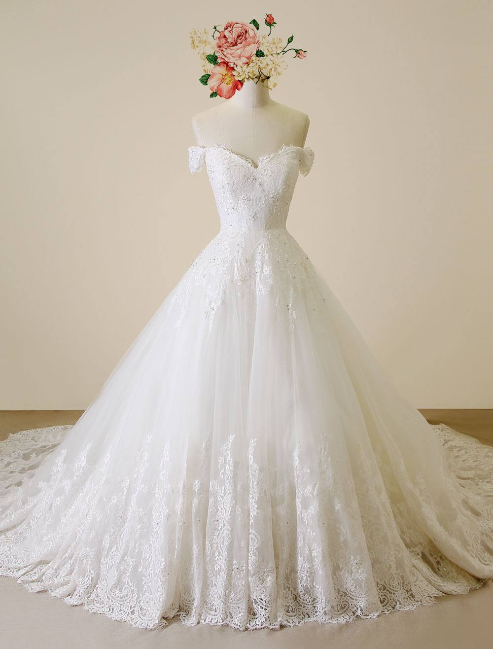 Ivory Wedding Dress Off-The-Shoulder Lace Tulle Wedding Gown - Milanoo.com
