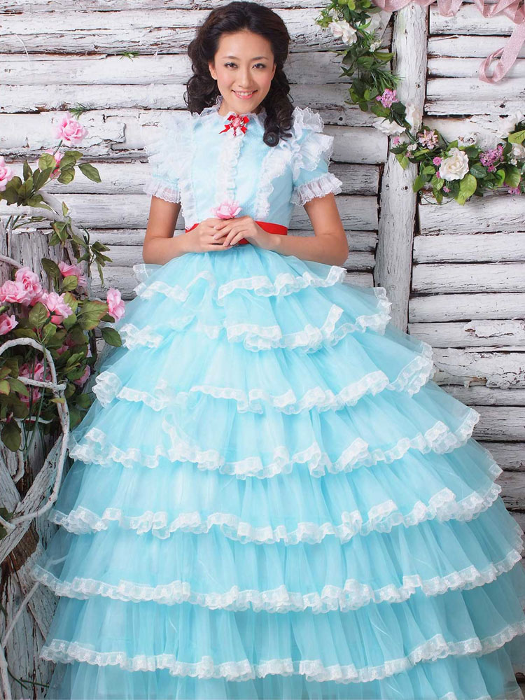 Costumes Costumes | Rococo Blue Tiered Dress Royal Court Synthetic Costumes - LN80368