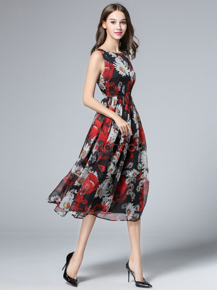 Multicolor Knee-Length Dress Floral Print Slim Fit Party Dress ...