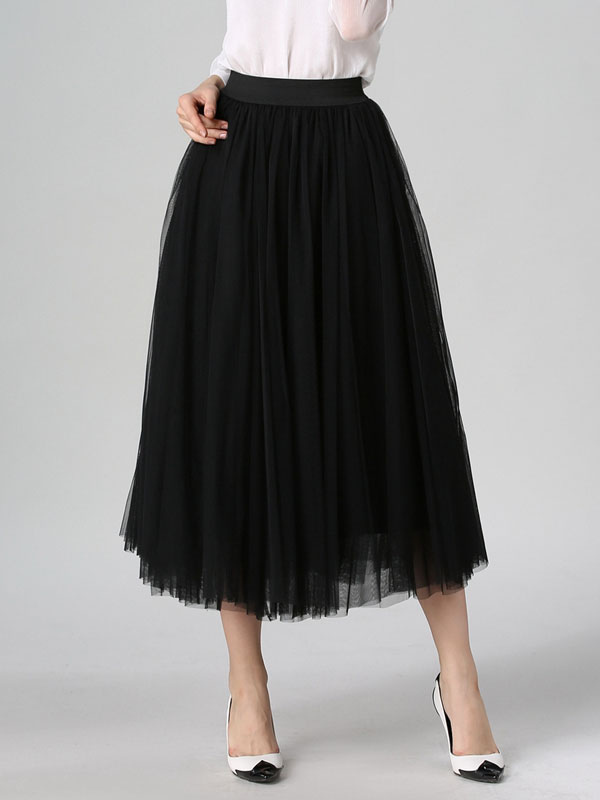 Apricot Skirt Pleated Tea-Length Crepe Skirt for Women - Milanoo.com