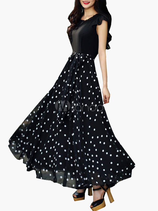 White Maxi Dress Polka Dot Sash Chiffon Dress - Milanoo.com