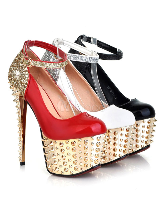 Red Pumps Platform Rivets Glitter Sequins High Heels