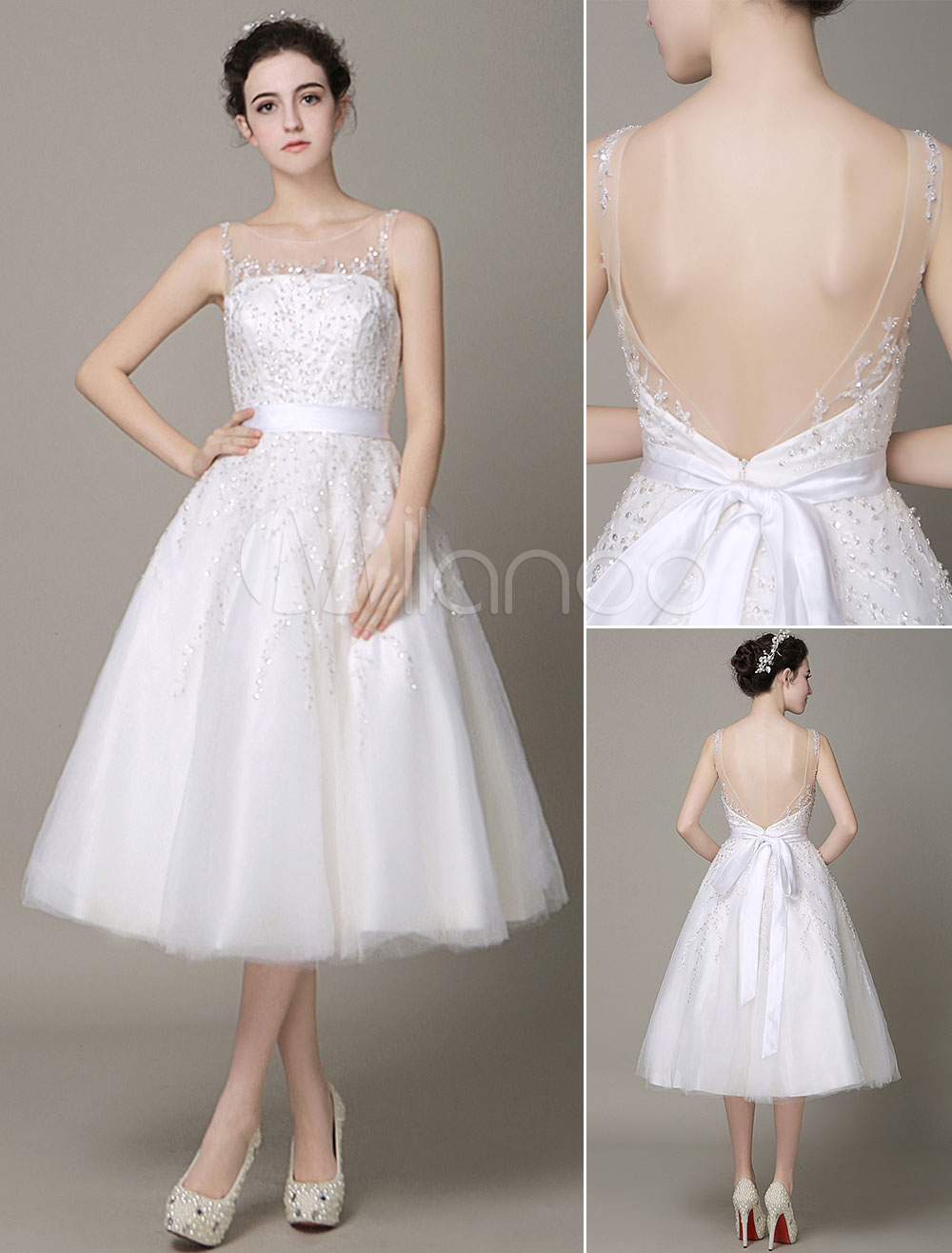 Ivory Wedding Dress Illusion Strapless Embroidered Tea-Length Wedding ...