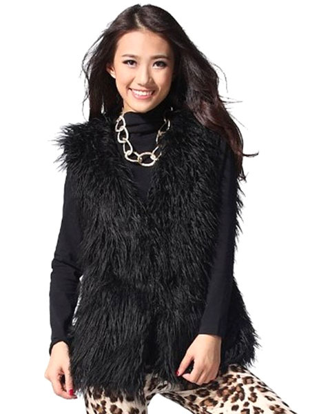 Women's Clothing Outerwear | Black Faux Fur Vest Sleeveless Jacket For Women - MB63986