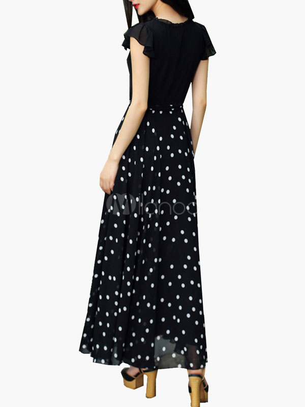 White Maxi Dress Polka Dot Sash Chiffon Dress - Milanoo.com