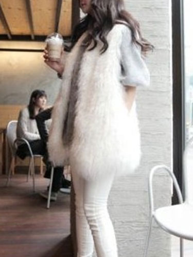 Women's Clothing Outerwear | White Vest Faux Fur Sleeveless Chic Polyester Vest For Women - BL63112