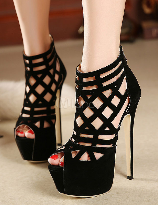 Tacones de sandalias negras plataforma Peep Toe ante Micro Cut-Out -  Milanoo.com