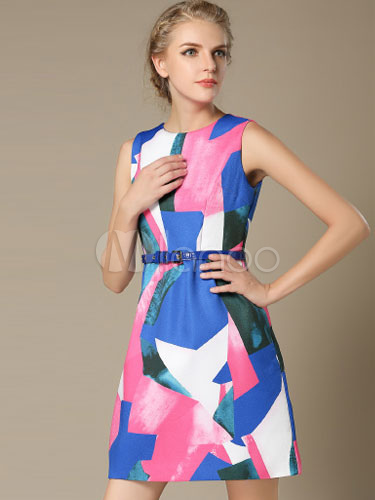 Multicolor Dress Print Sash Cotton Short Dress - Milanoo.com