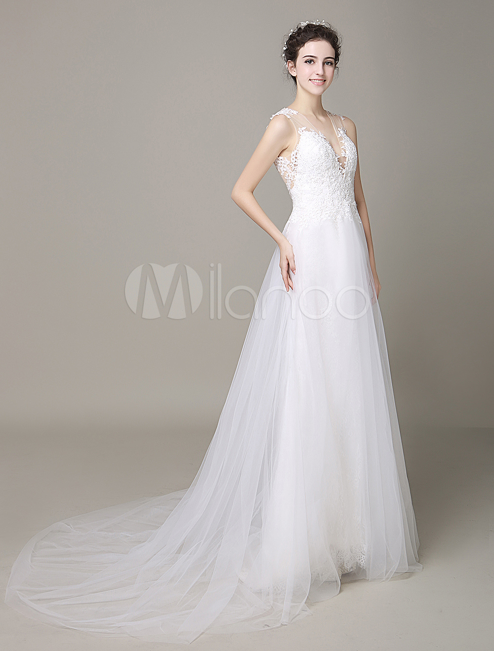 Ivory Tulle Beach Wedding Dress with Illusion Lace Long Sleeves WD532