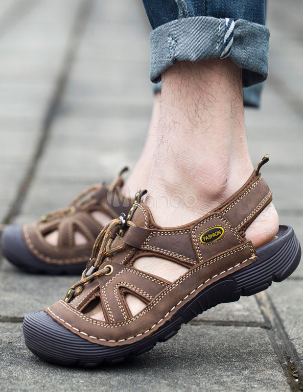 Brown Sandals Cut-Out Cowhide Sandals for Men - Milanoo.com