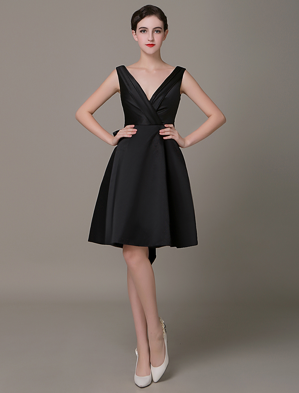 Plunging Black Cocktail Dress Pleated Bow Belt A-line Little Black Dress  wedding guest dress - Milanoo.com