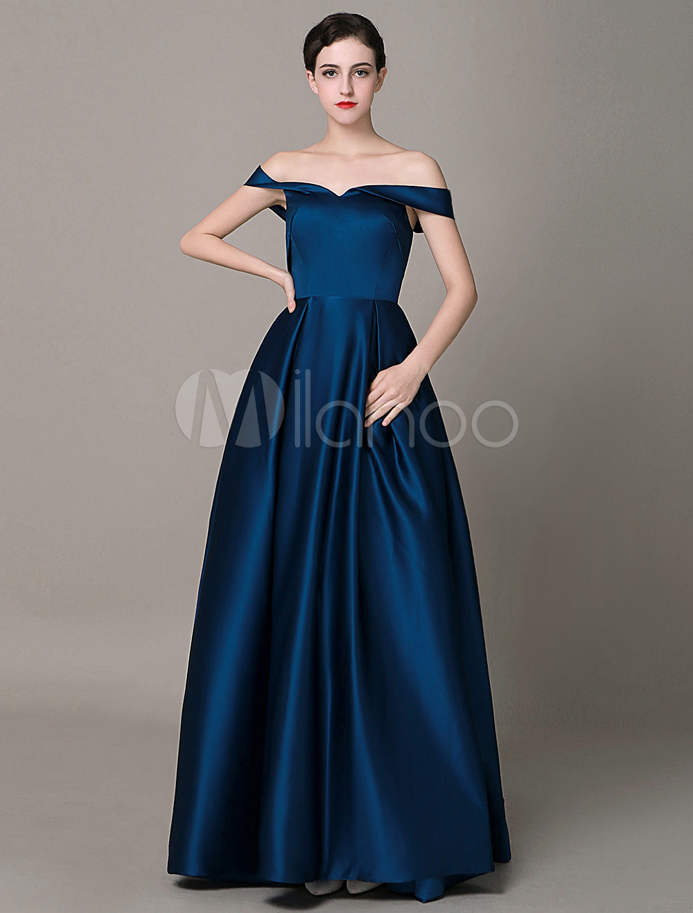 Navy Satin Evening Dress Off-The-Shoulder A-Line Prom Dress 2023 ...