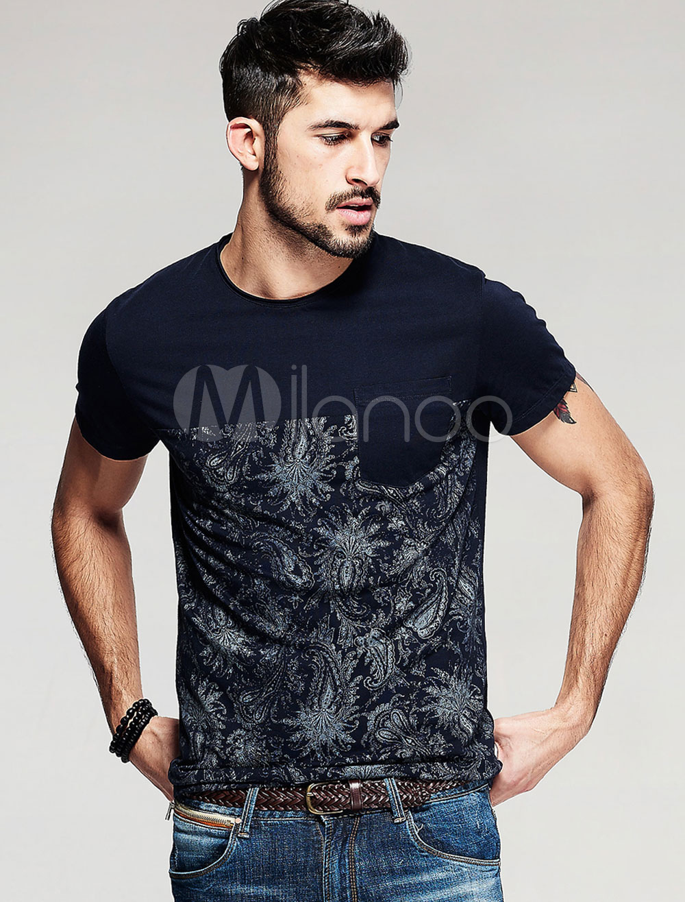 Black T-Shirt Print Cotton Slim Fit T-Shirt for Men - Milanoo.com