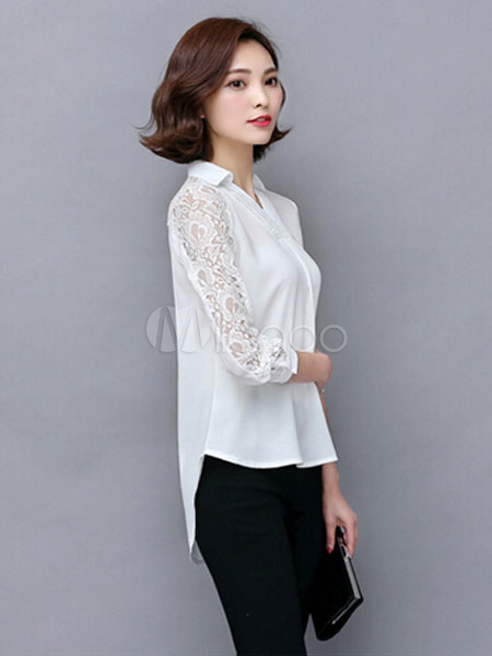 Soie En Lace Blanche Découpe De Les Blouse Mousseline Pour MqpUzVS