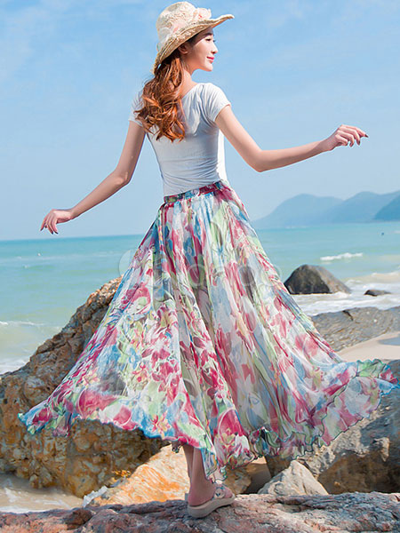 Multicolor Maxi Skirt Chic Print Chiffon Beach Skirt for Women ...