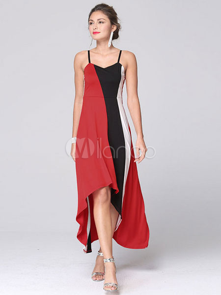 Vestiti Lunghi Rosso Abiti Lunghi in raso di cotone a strisce smanicato  irregolare Vestiti Lunghi Eleganti con spalline sottili Abiti - Milanoo.com