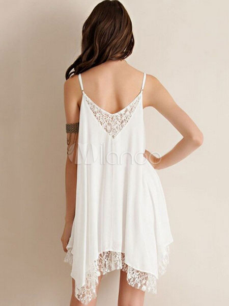 White Shift Dress Straps Lace Asymmetric Summer Dress - Milanoo.com
