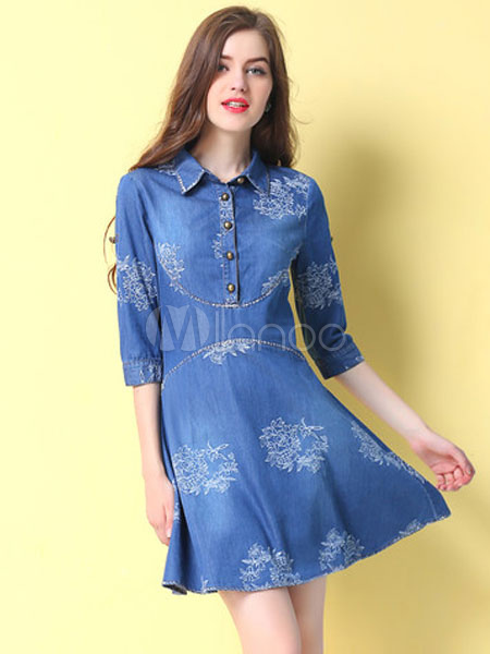 Blue Shirt Dress Print Embroidered Cotton Short Dress - Milanoo.com