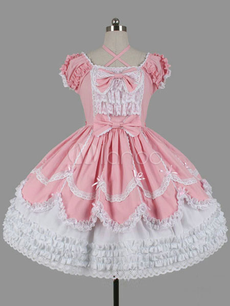 Pink ROCOCO Lolita Dress Court Bows Tiered Cotton Dress - Milanoo.com