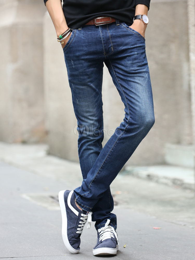 Pantalones De Denim Azul Marino Recto Skinny Jeans Para Hombres Milanoo Com