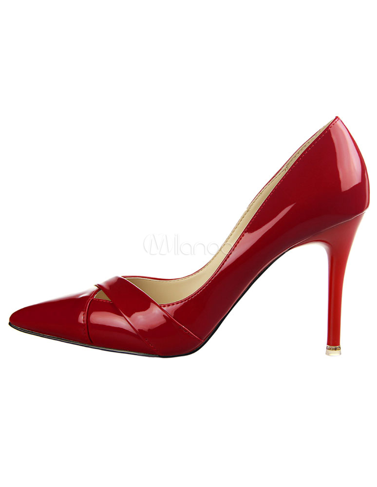 Red Pumps Cut Out Glazed PU Pointy Toe Heels - Milanoo.com