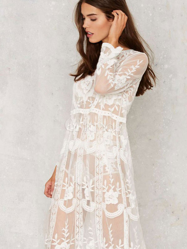 White Shift Dress Semi-Sheer Lace Polyester Dress - Milanoo.com